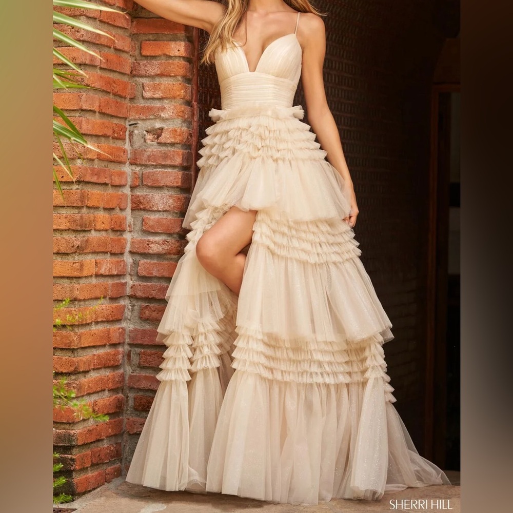 Sherri Hill Champagne Tiered Tulle Prom Dress